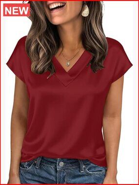Plus Size V Neck Short Sleeve Silk Satin Blouse for Work